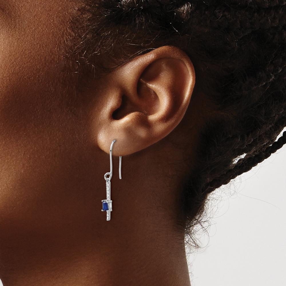14K White Gold Drop Earrings with Emerald-Cut Sapphires and Round Diamonds - 0.18 Carats Total Sapphire Weight by Monteluci Fine Jewelry