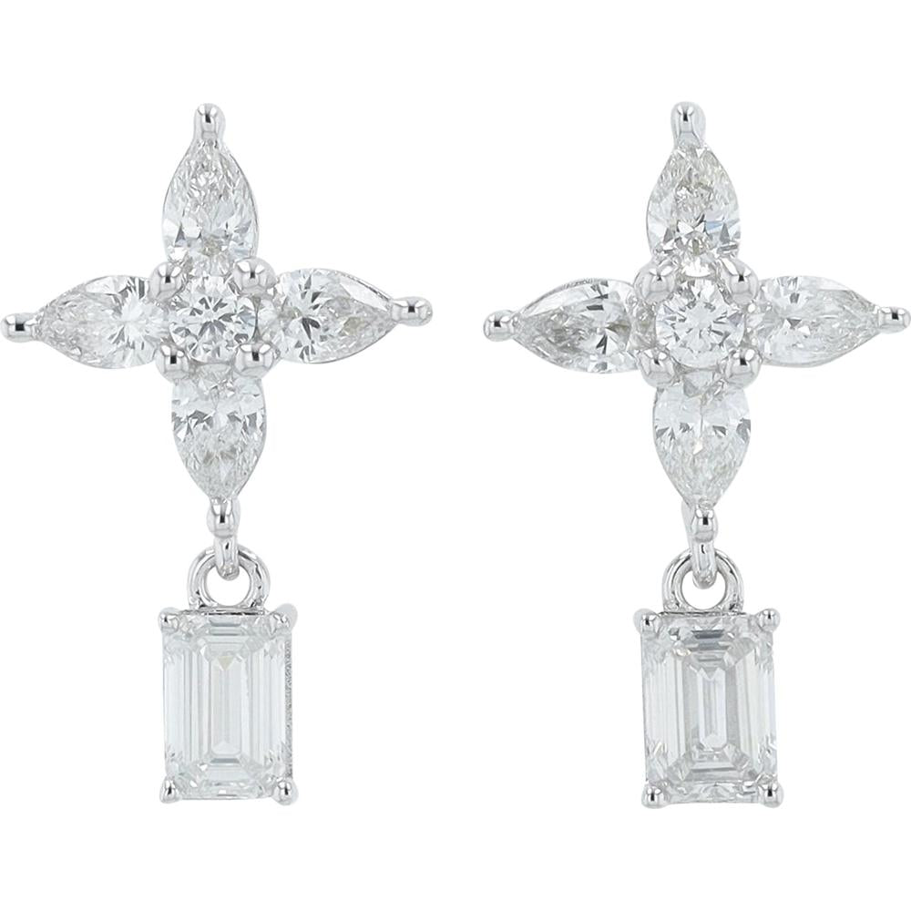 14K White Gold Drop Earrings with Floral Marquise and Round Lab-Grown Diamonds and Emerald-Cut Accents - 1.50 Carats Total Diamond Weight