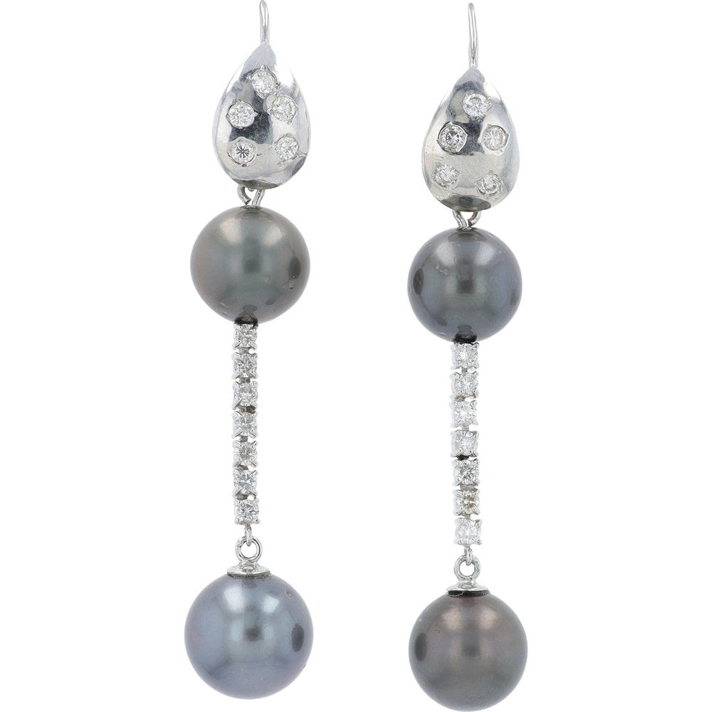 14K White Gold Drop Earrings with Flush-Set Round Diamonds and Dark Cultured Pearls - 0.80 Carat Total Diamond Weight