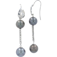14K White Gold Drop Earrings with Flush-Set Round Diamonds and Dark Cultured Pearls - 0.80 Carat Total Diamond Weight