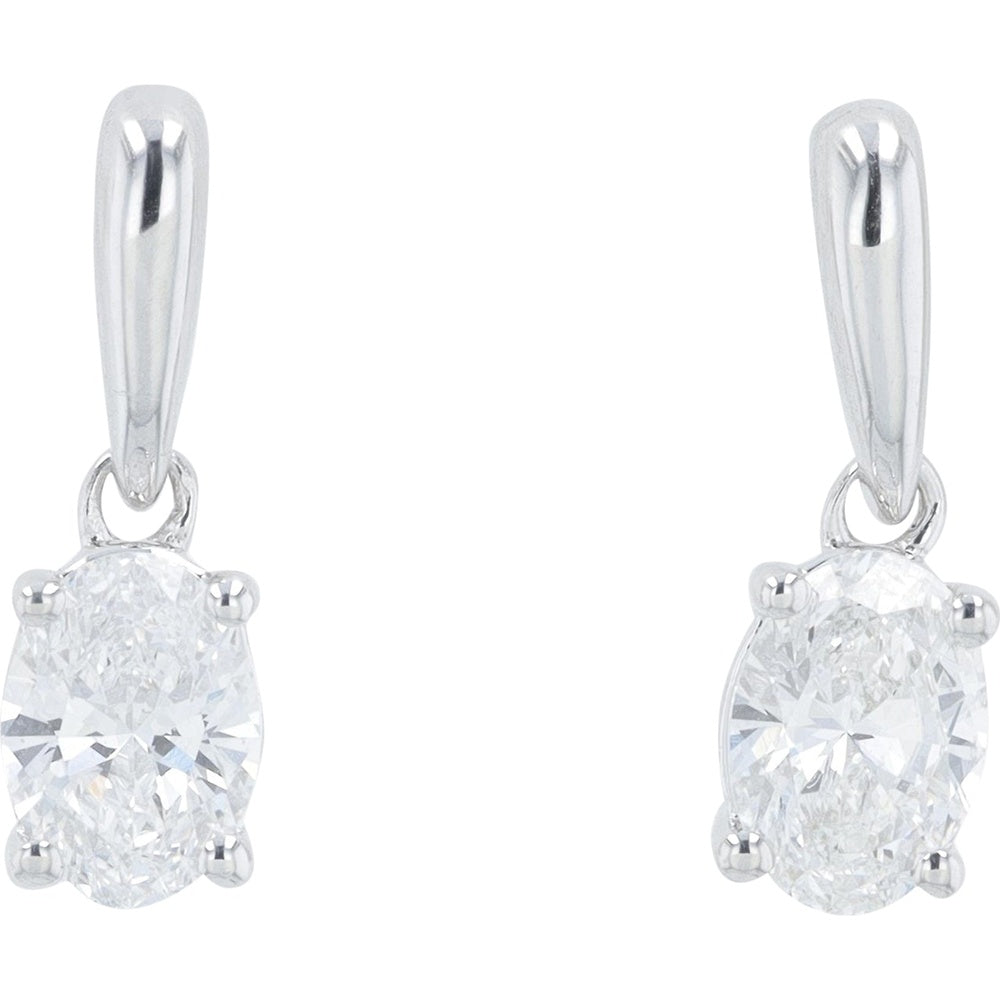 14K White Gold Drop Earrings with Four-Prong Set Oval Lab Grown Diamonds - 1.00 Carat Total Diamond Weight
