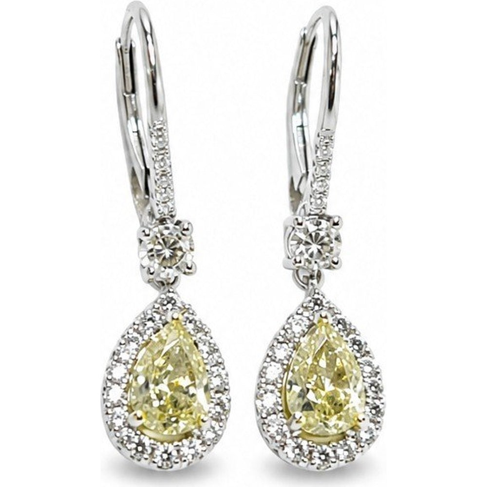 14K White Gold Drop Earrings with Halo Set Pear Shaped Yellow and White Diamonds - 3.46 Carat Total Diamond Weight by Auriventus