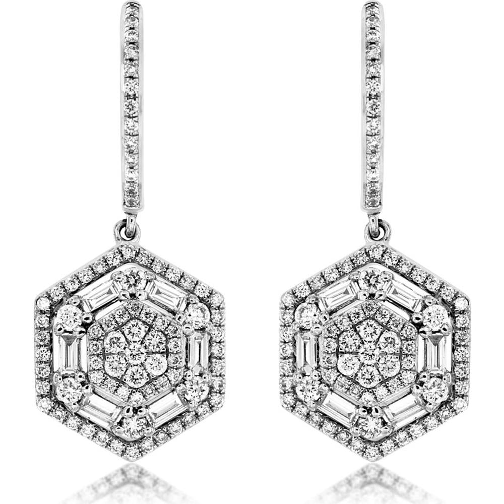 14K White Gold Drop Earrings with Hexagonal Halo of Round and Baguette Diamonds - 1.02 Carat Total Diamond Weight - Royal Jewelry
