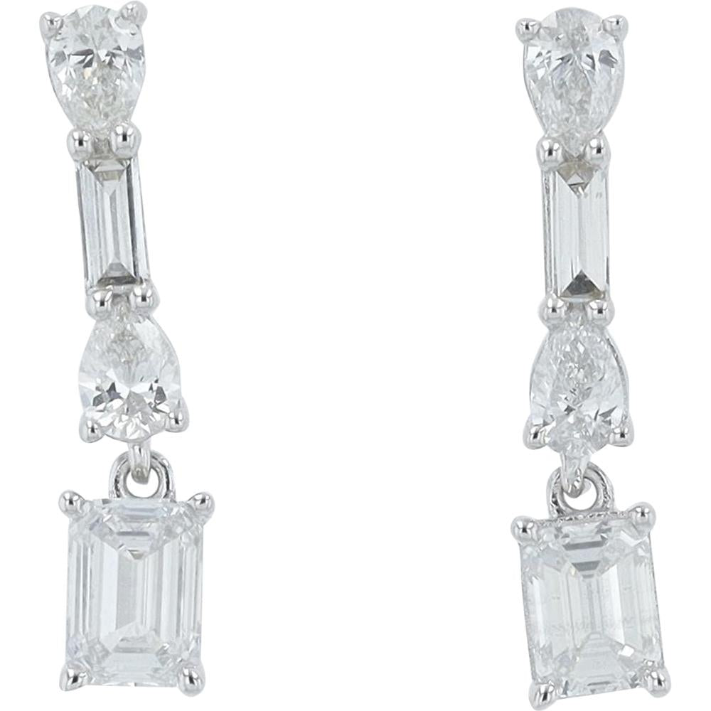 14K White Gold Drop Earrings with Lab-Grown Pear, Baguette, Marquise, and Emerald-Cut Diamonds - 1.25 Carats Total Diamond Weight