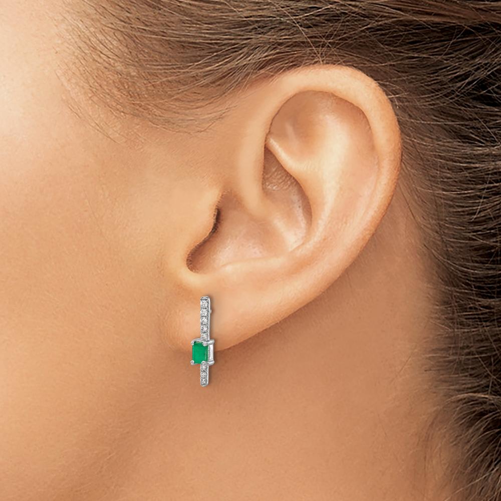 14K White Gold Drop Earrings with Octagon Emerald and Round Diamonds - 0.18 Carats Emerald, 0.057 Carats Diamond Total Weight by Monteluci Fine Jewelry