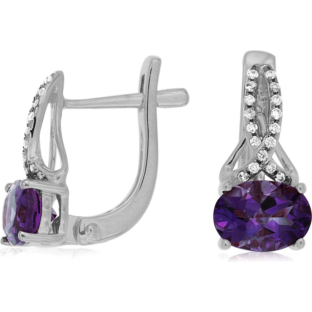 14K White Gold Drop Earrings with Oval Amethysts and Pavé-Set Round Diamonds - 1.45 Carat Total Amethyst Weight and 0.10 Carat Total Diamond Weight - Royal Jewelry