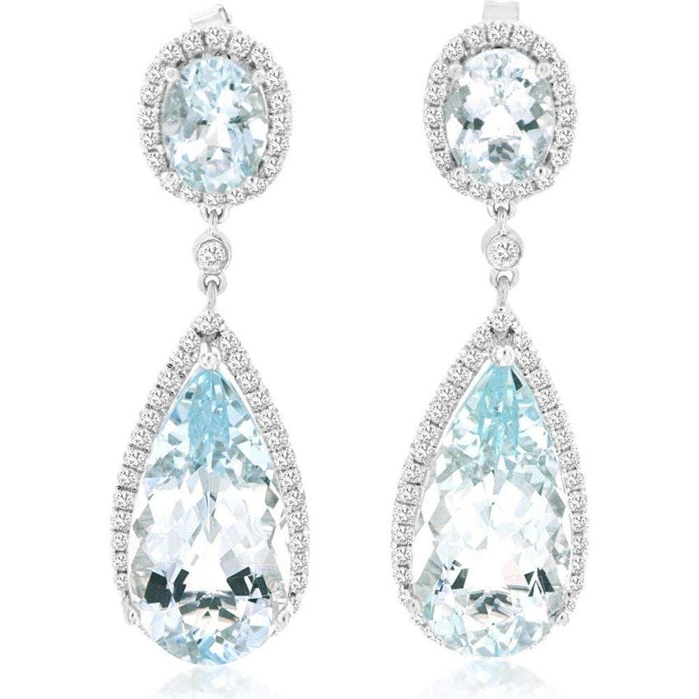 14K White Gold Drop Earrings with Oval and Pear Aquamarine and Diamond Halo - 12.00 Carat Total Aquamarine Weight and 0.75 Carat Total Diamond Weight - Royal Jewelry