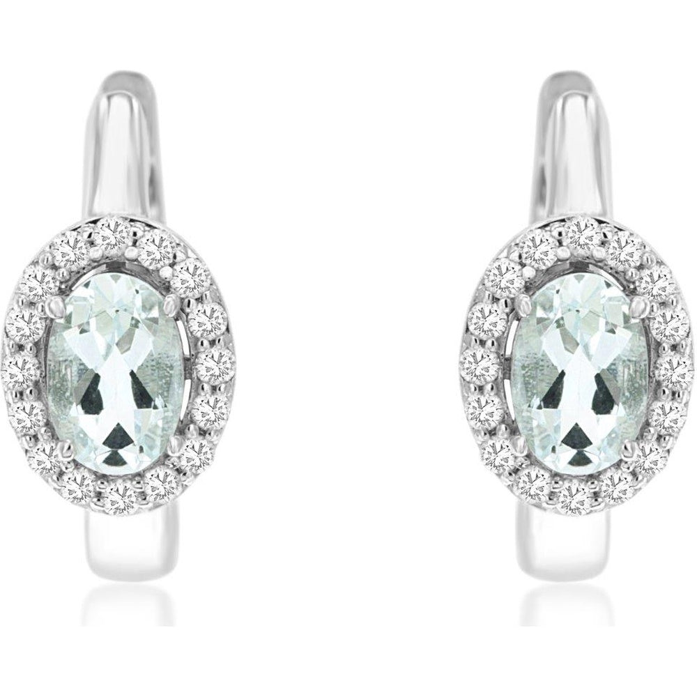 14K White Gold Drop Earrings with Oval Aquamarine and Diamond Halo - 0.84 Carat Total Aquamarine Weight and 0.25 Carat Total Diamond Weight - Royal Jewelry