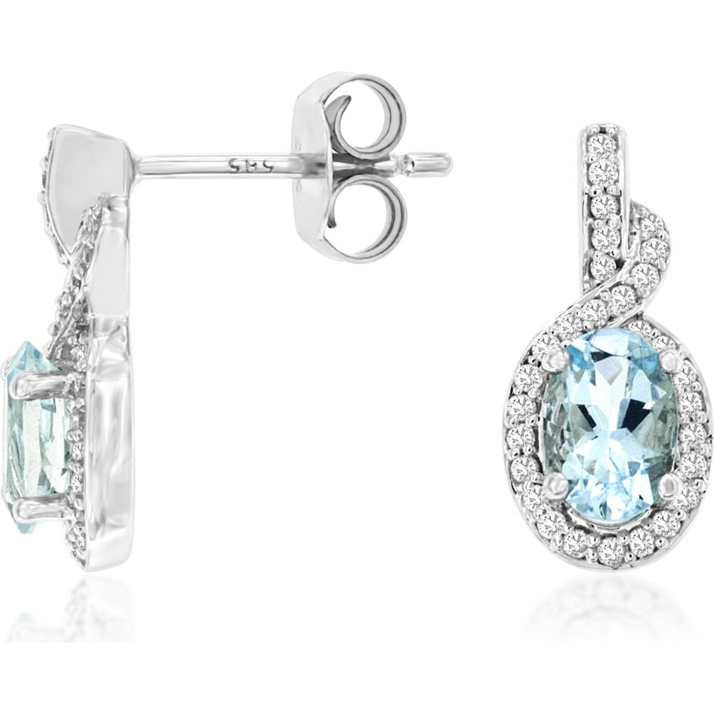 14K White Gold Drop Earrings with Oval Aquamarine and Diamond Halo - 0.85 Carat Total Aquamarine Weight and 0.17 Carat Total Diamond Weight - Royal Jewelry