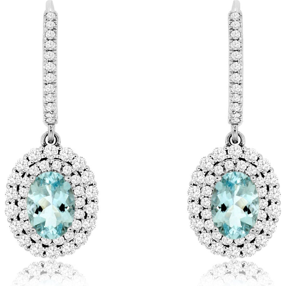 14K White Gold Drop Earrings with Oval Aquamarine and Double Diamond Halo - 1.35 Carat Total Aquamarine Weight and 0.85 Carat Total Diamond Weight - Royal Jewelry