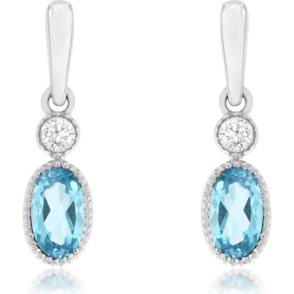 14K White Gold Drop Earrings with Oval Blue Topaz and Round Diamond – 0.28 Carat Total Blue Topaz Weight, 0.05 Carat Total Diamond Weight - Royal Jewelry