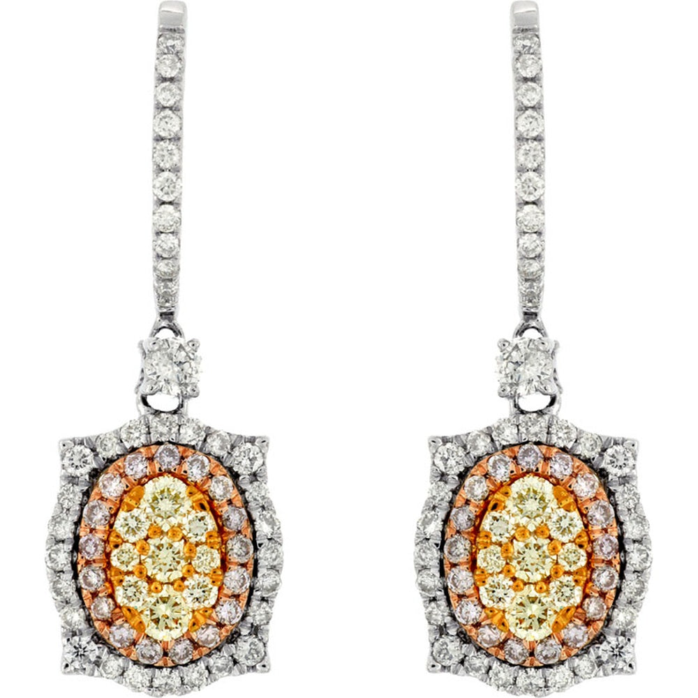 14K White Gold Drop Earrings with Oval Cluster Yellow and Pink Diamond Halo - 0.70 Carat White Diamond, 0.46 Carat Yellow Diamond, and 0.25 Carat Pink Diamond Total Weight - Royal Jewelry