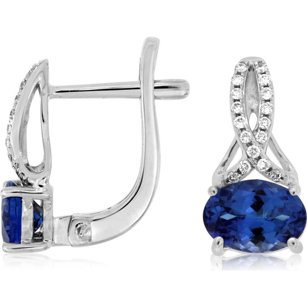 14K White Gold Drop Earrings with Oval Cut Tanzanite and Diamond Accents - 1.60 Carat Total Tanzanite Weight, 0.10 Carat Total Diamond Weight - Royal Jewelry