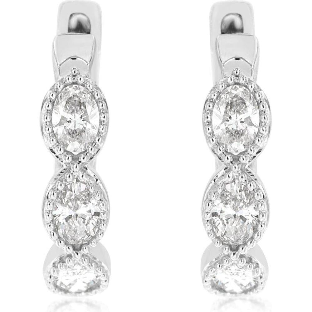14K White Gold Drop Earrings with Oval Diamonds and Milgrain Halo Detail - 0.60 Carat Total Diamond Weight - Royal Jewelry