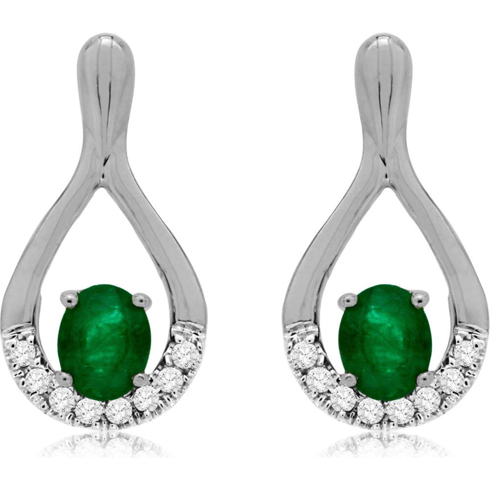 14K White Gold Drop Earrings with Oval Emerald and Diamond Halo - 0.70 Carats Total Emerald Weight