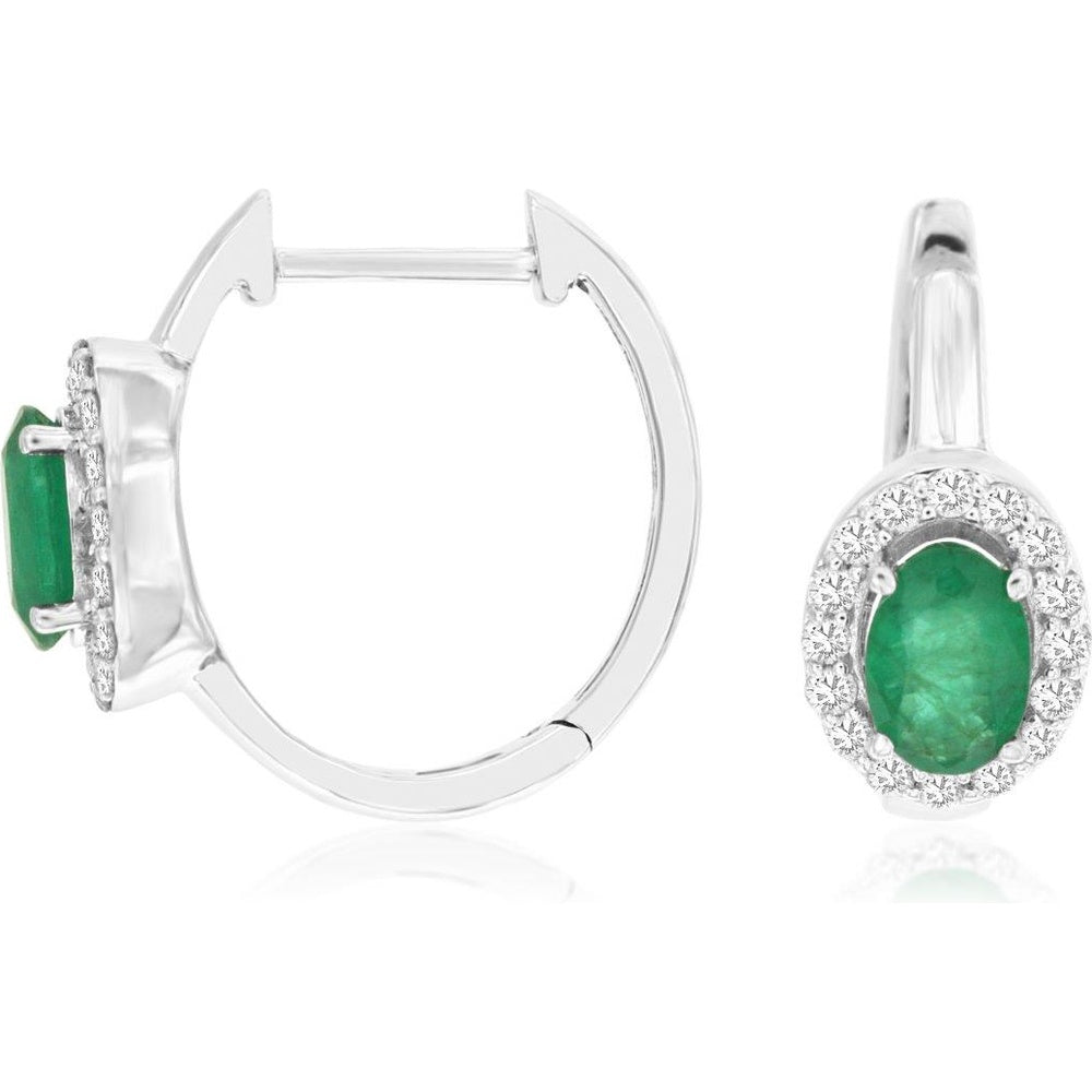 14K White Gold Drop Earrings with Oval Emerald and Diamond Halo - 0.88 Carat Total Emerald Weight and 0.25 Carat Total Diamond Weight - Royal Jewelry