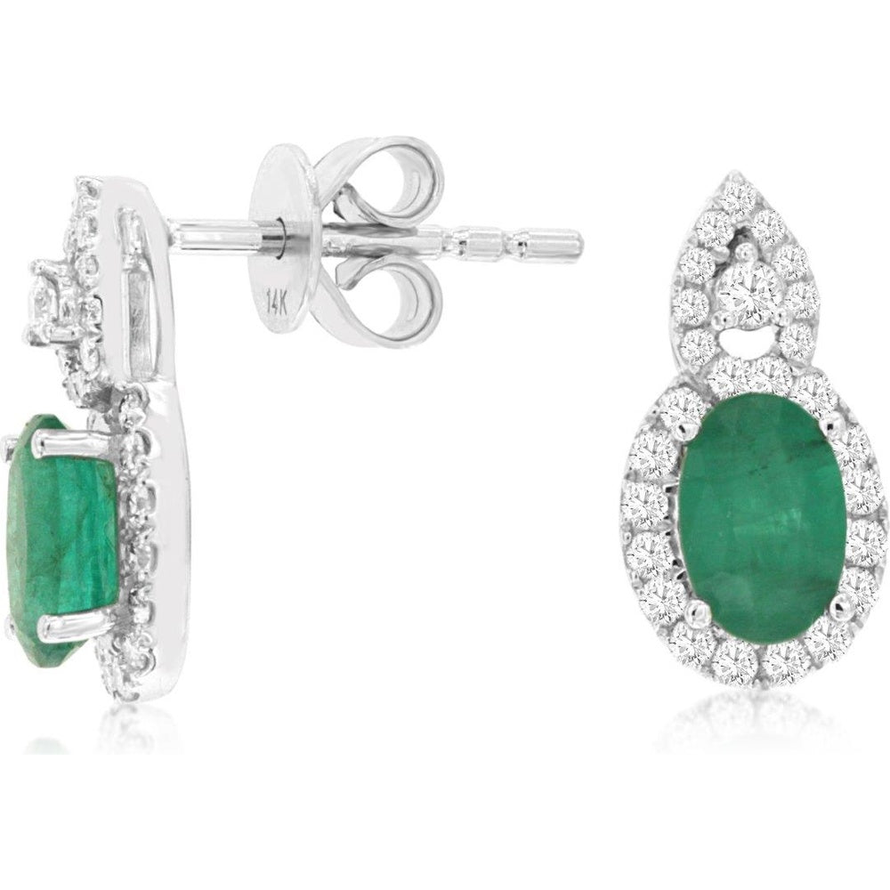 14K White Gold Drop Earrings with Oval Emerald and Diamond Halo - 0.95 Carat Total Emerald Weight and 0.32 Carat Total Diamond Weight - Royal Jewelry