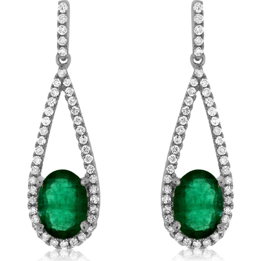 14K White Gold Drop Earrings with Oval Emerald and Pavé-Set Round Diamond Halo - 1.40 Carat Total Emerald Weight and 0.35 Carat Total Diamond Weight - Royal Jewelry