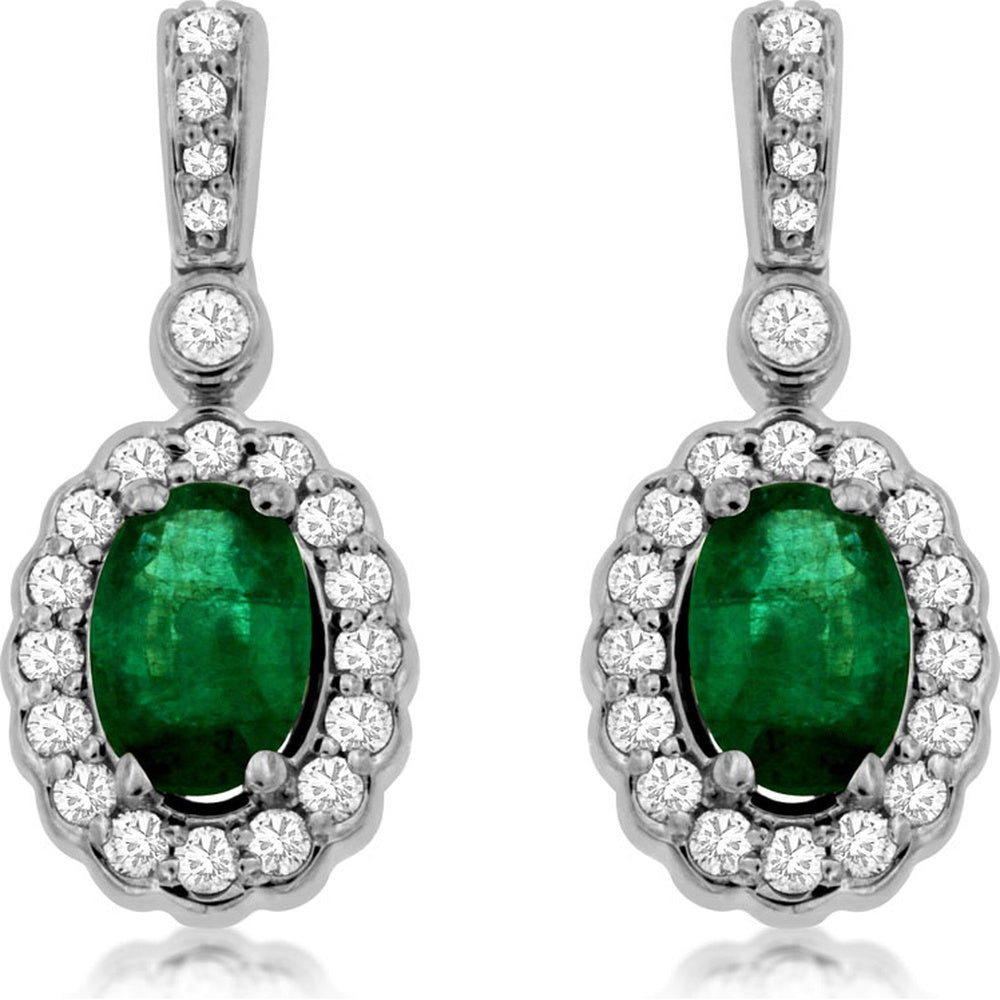 14K White Gold Drop Earrings with Oval Emerald Halos and Round Diamonds - 0.90 Carat Total Emerald Weight and 0.33 Carat Total Diamond Weight - Royal Jewelry