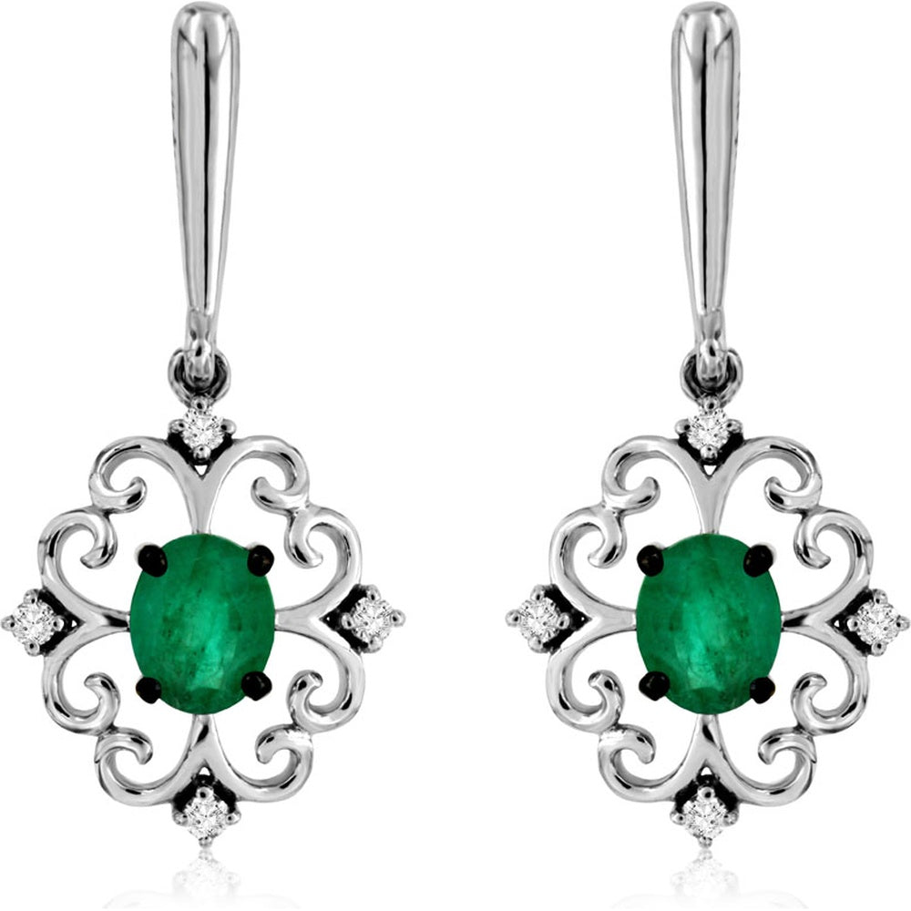 14K White Gold Drop Earrings with Oval Emeralds and Diamond Accents - 0.70 Carat Total Emerald Weight - Royal Jewelry