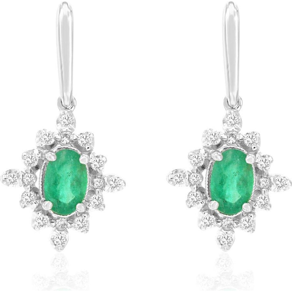 14K White Gold Drop Earrings with Oval Emeralds and Diamond Starburst Halo - 0.88ct Total Emerald Weight and 0.33ct Total Diamond Weight - Royal Jewelry