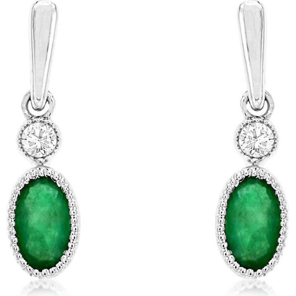 14K White Gold Drop Earrings with Oval Emeralds and Round Diamonds - 0.41 Carat Total Emerald Weight & 0.05 Carat Total Diamond Weight - Royal Jewelry