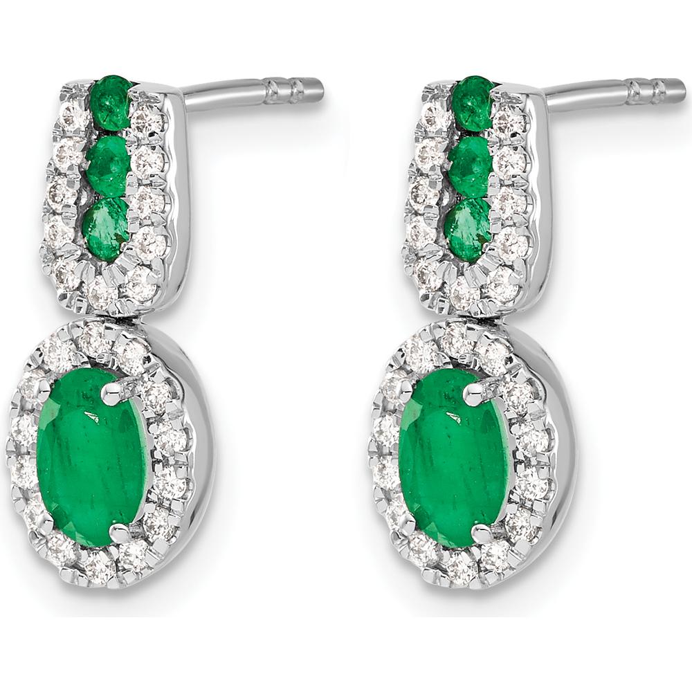 14K White Gold Drop Earrings with Oval Emeralds and Round Diamonds - 0.42 Carat Total Emerald Weight, 0.12 Carat Total Diamond Weight by Monteluci Fine Jewelry