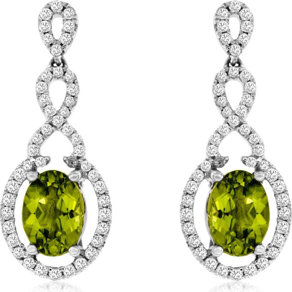 14K White Gold Drop Earrings with Oval Peridots and Diamond Halo Accents - 1.68 Carat Total Peridot Weight and 0.42 Carat Total Diamond Weight - Royal Jewelry