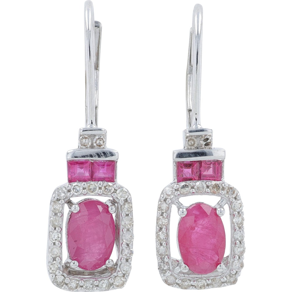 14K White Gold Drop Earrings with Oval Rubies and Diamond Halo - 0.22 Carat Total Diamond Weight
