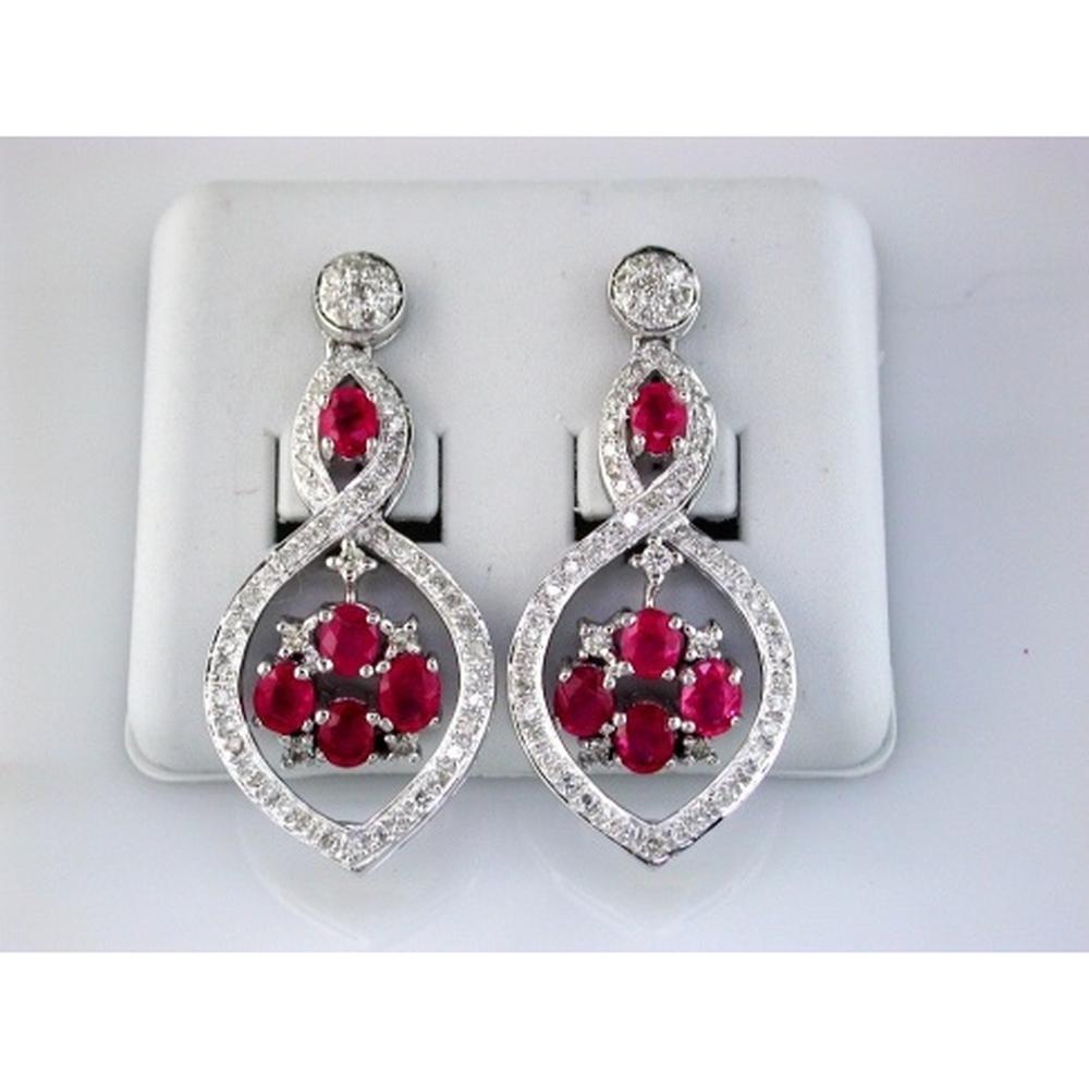 14K White Gold Drop Earrings with Oval Rubies and Round Diamonds - 3.00 Carats Total Ruby Weight, 0.87 Carats Total Diamond Weight