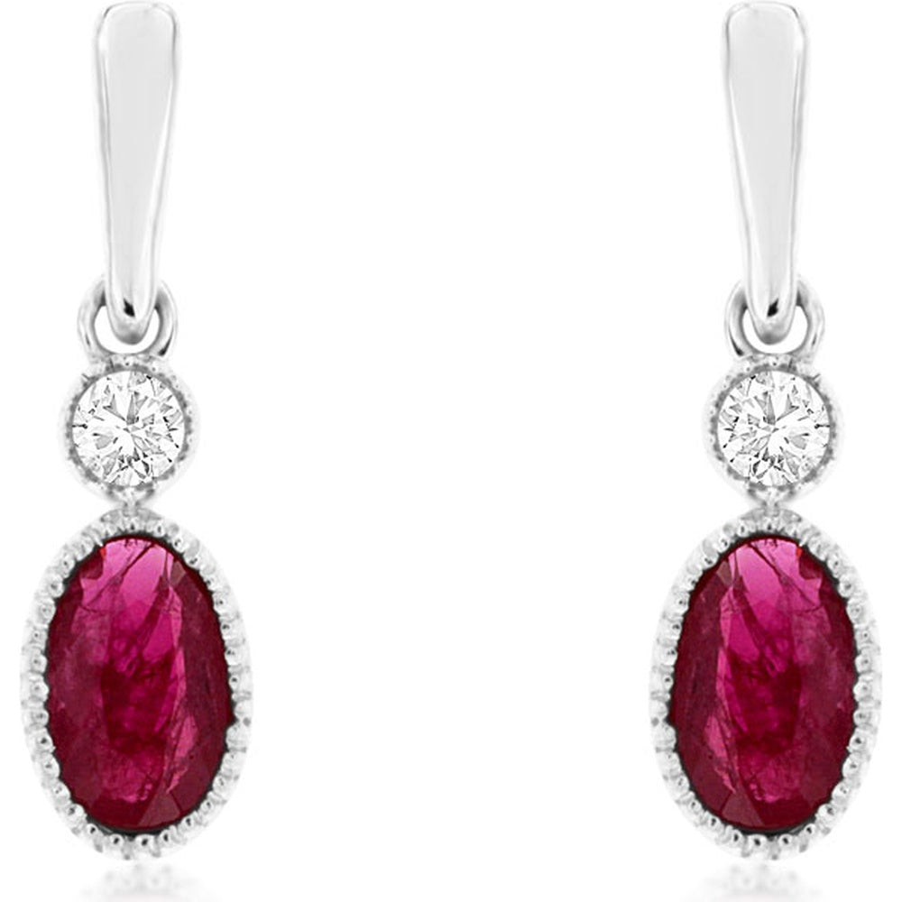 14K White Gold Drop Earrings with Oval Ruby and Bezel-Set Round Diamond Accent - 0.60 Carat Total Ruby Weight and 0.05 Carat Total Diamond Weight - Royal Jewelry