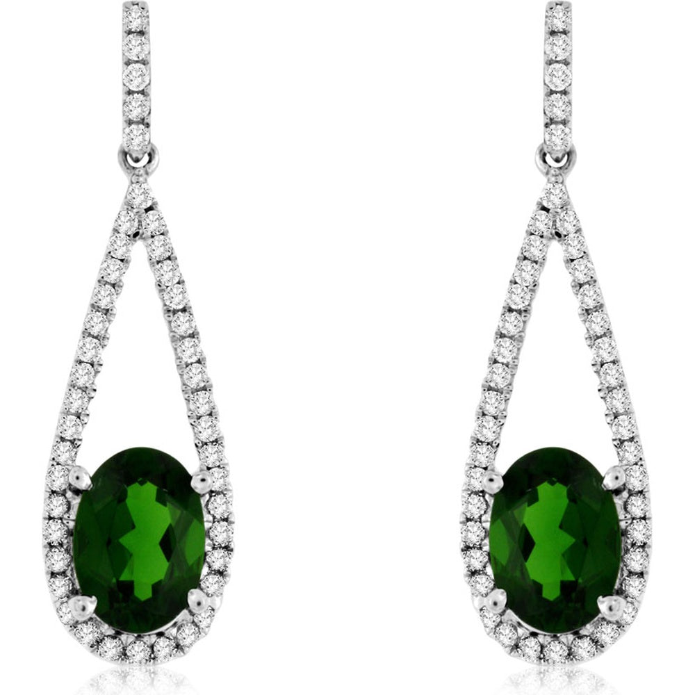 14K White Gold Drop Earrings with Oval Russalite and Pavé Diamond Teardrop Halo - 1.90 Carat Total Russalite Weight and 0.35 Carat Total Diamond Weight - Royal Jewelry