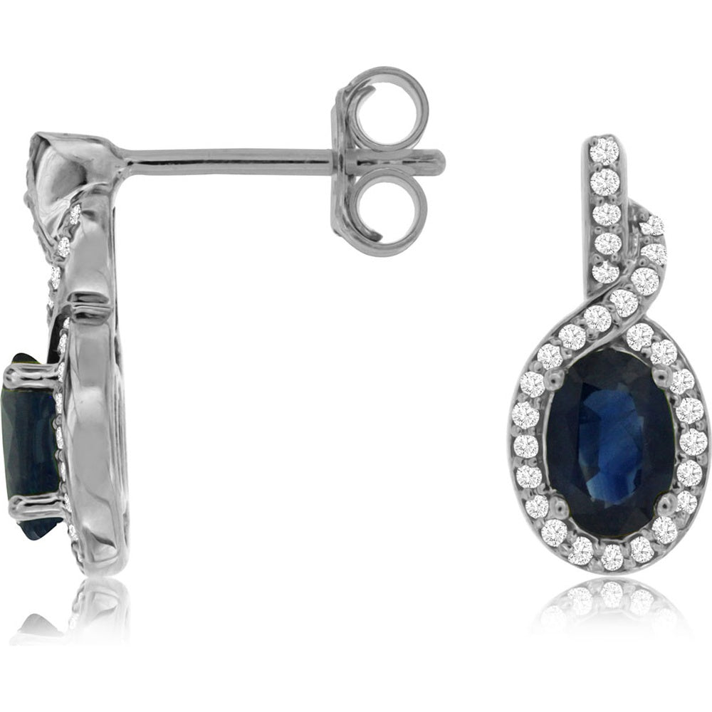 14K White Gold Drop Earrings with Oval Sapphires and Diamond Halo - 1.30 Carat Total Sapphire Weight - Royal Jewelry