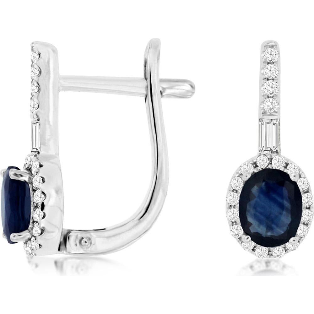 14K White Gold Drop Earrings with Oval Sapphires and Diamond Halos - 0.88 Carat Total Sapphire Weight and 0.20 Carat Total Diamond Weight - Royal Jewelry