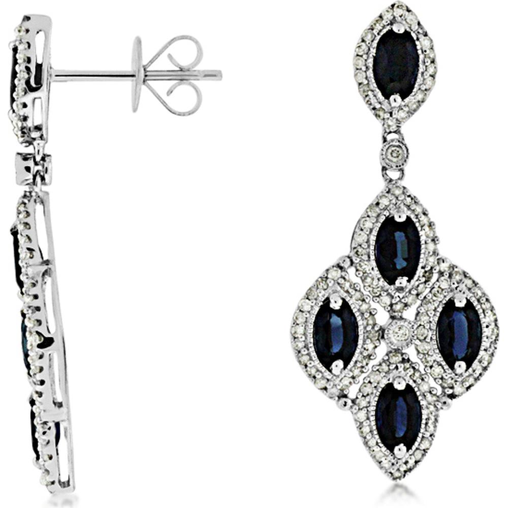 14K White Gold Drop Earrings with Oval Sapphires and Round Diamond Halos - 3.10 Carat Total Sapphire Weight, 0.70 Carat Total Diamond Weight - Royal Jewelry
