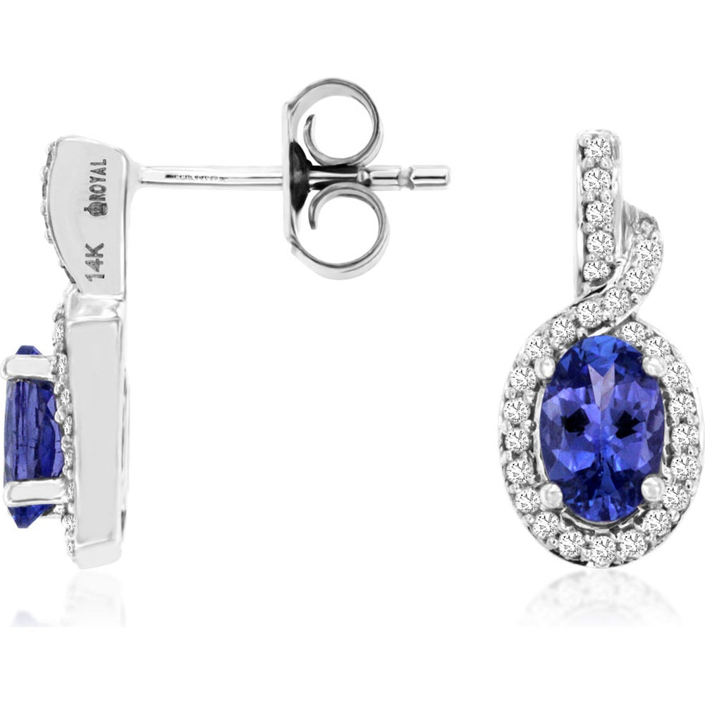 14K White Gold Drop Earrings with Oval Tanzanite and Diamond Halo - 1.00 Carat Total Tanzanite Weight and 0.17 Carat Total Diamond Weight - Royal Jewelry