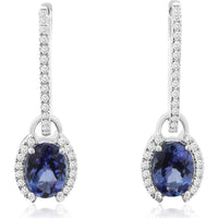 14K White Gold Drop Earrings with Oval Tanzanite and Diamond Halo - 1.68 Carat Total Tanzanite Weight and 0.25 Carat Total Diamond Weight - Royal Jewelry