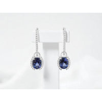 14K White Gold Drop Earrings with Oval Tanzanite and Diamond Halo - 1.68 Carat Total Tanzanite Weight and 0.25 Carat Total Diamond Weight - Royal Jewelry