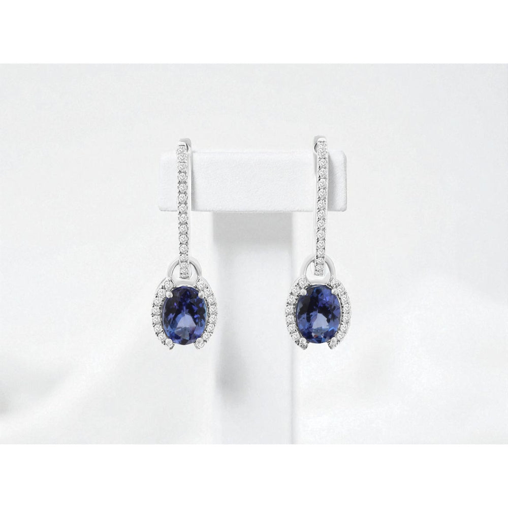 14K White Gold Drop Earrings with Oval Tanzanite and Diamond Halo - 1.68 Carat Total Tanzanite Weight and 0.25 Carat Total Diamond Weight - Royal Jewelry