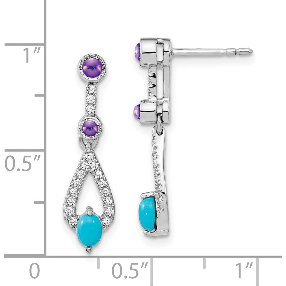 14K White Gold Drop Earrings with Oval Turquoise, Round Amethyst, and White Topaz - 0.33 Carat Total Gemstone Weight by Monteluci Fine Jewelry