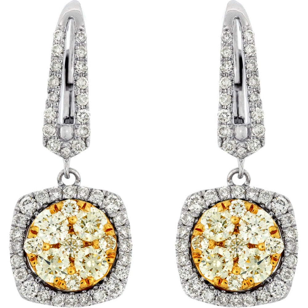 14K White Gold Drop Earrings with Pavé Diamond Lever Backs, Cushion Halo, and 1.00 Carat Total Yellow Diamond Cluster - 1.60 Carat Total Diamond Weight - Royal Jewelry