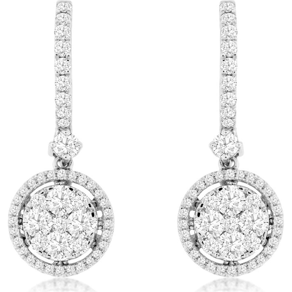 14K White Gold Drop Earrings with Pave Round Diamonds and Princess-Cut Diamond Cluster Halo - 1.46ct Total Diamond Weight - Royal Jewelry