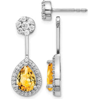 14K White Gold Drop Earrings with Pear Citrine 0.80 Carats and Round Diamond Halo 0.14 Carats Total Weight by Monteluci Fine Jewelry