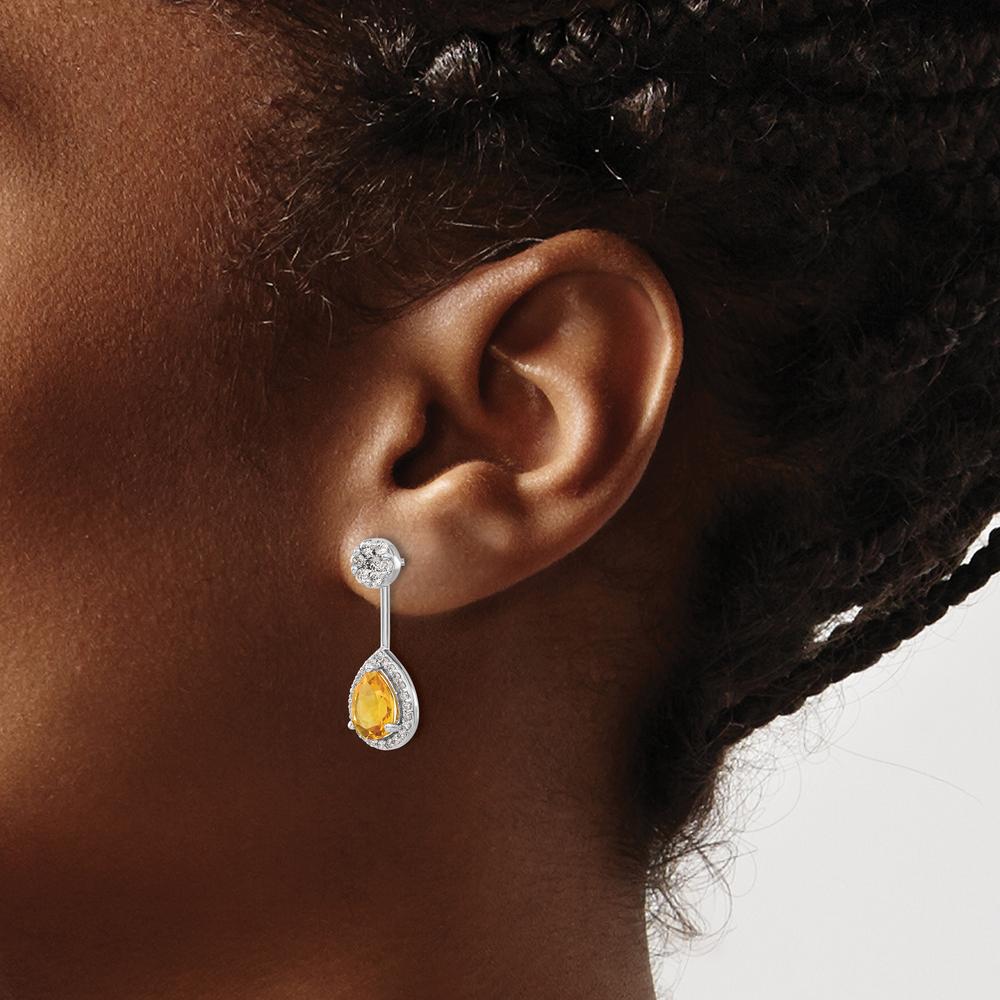 14K White Gold Drop Earrings with Pear Citrine 0.80 Carats and Round Diamond Halo 0.14 Carats Total Weight by Monteluci Fine Jewelry