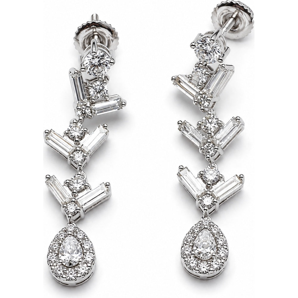 14K White Gold Drop Earrings with Pear Halo Diamond Drops and Baguette Accents - 1.86 Carat Total Diamond Weight by Auriventus
