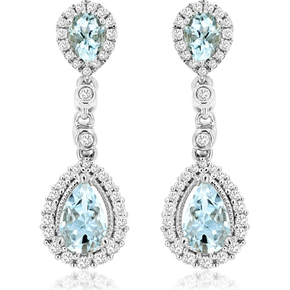 14K White Gold Drop Earrings with Pear-Shaped Aquamarines and Diamond Halos - 0.95 Carat Total Aquamarine Weight and 0.37 Carat Total Diamond Weight - Royal Jewelry