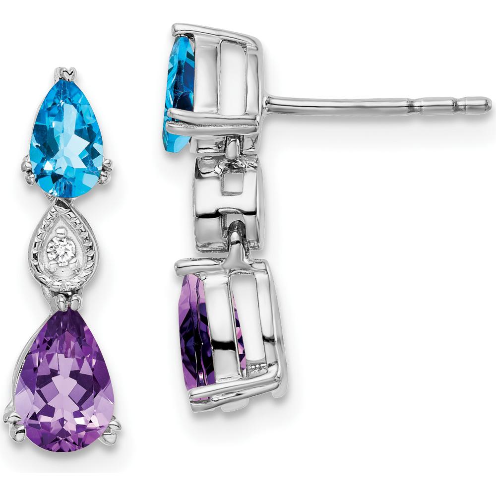 14K White Gold Drop Earrings with Pear-Shaped Blue Topaz, Amethyst, and Round Diamond - 1.01 Carat Total Gem Weight by Monteluci Fine Jewelry