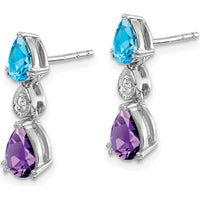 14K White Gold Drop Earrings with Pear-Shaped Blue Topaz, Amethyst, and Round Diamond - 1.01 Carat Total Gem Weight by Monteluci Fine Jewelry