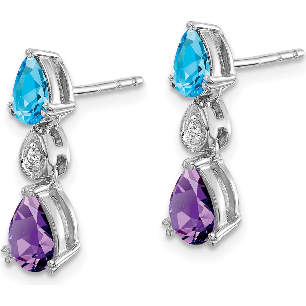 14K White Gold Drop Earrings with Pear-Shaped Blue Topaz, Amethyst, and Round Diamond - 1.01 Carat Total Gem Weight by Monteluci Fine Jewelry