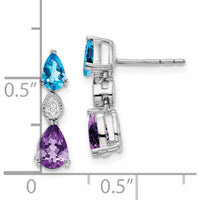 14K White Gold Drop Earrings with Pear-Shaped Blue Topaz, Amethyst, and Round Diamond - 1.01 Carat Total Gem Weight by Monteluci Fine Jewelry